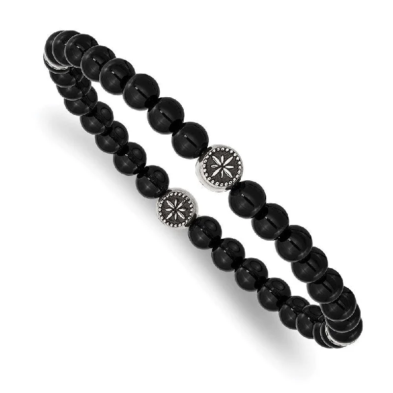 Ladies bracelets aged charm -Stainless Steel Antiqued & Polished Black Agate Beaded Stretch Bracelet