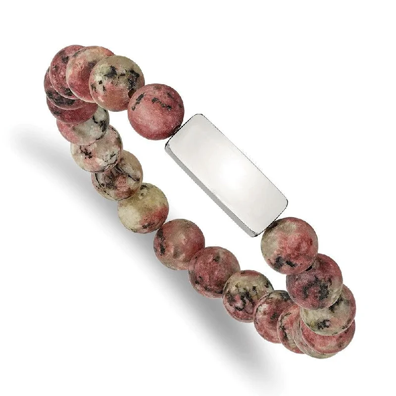 Ladies bracelets next gen shine -Stainless Steel Polished ID Plate Rhodochrosite Bead Stretch Bracelet