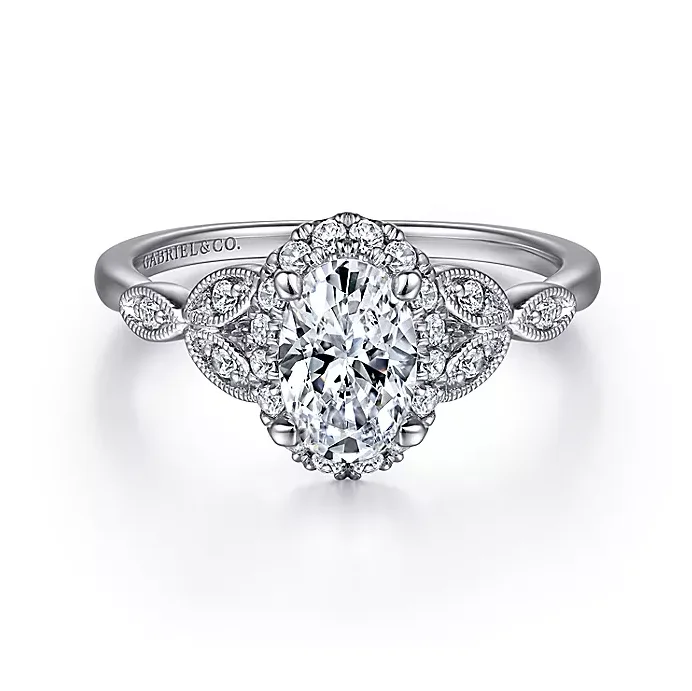 ladies engagement rings maintenance-Katriane - Vintage Inspired 14K White Gold Oval Halo Diamond Engagement Ring