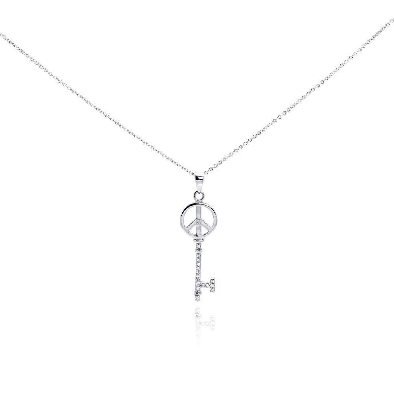 ladies necklaces shiny-Silver 925 Rhodium Plated Clear CZ Peace Key Pendant Necklace - STP00991