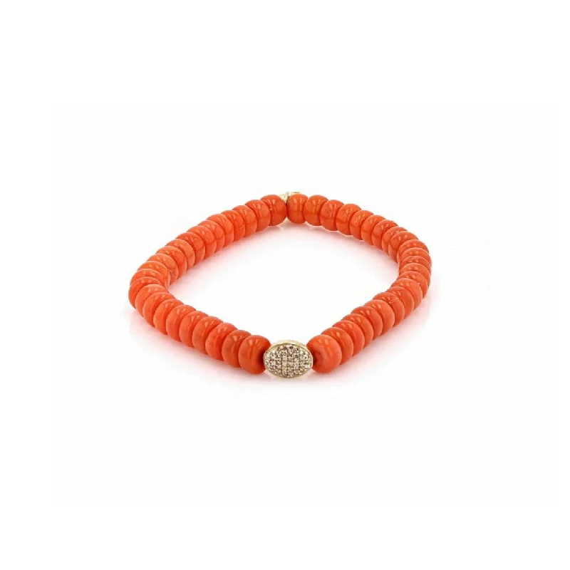 Ladies bracelets mantra charm -Orange Coral Bead Bracelet with 14K Gold Pave Diamond Pill  BG000751