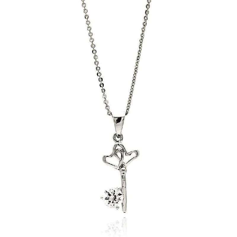 ladies necklaces polished-Silver 925 Rhodium Plated Open Heart Key CZ Necklace - BGP00612