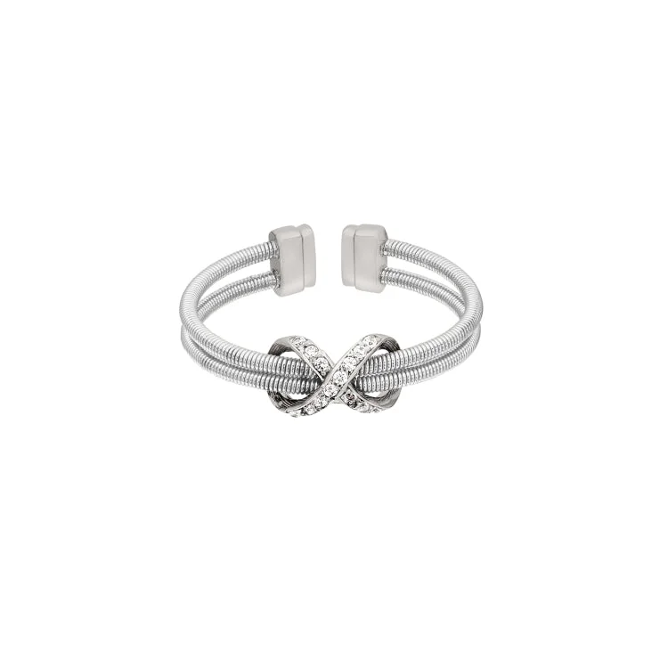 Ladies rings cluster glow -Rhodium Finish Sterling Silver Two Cable Cuff Ring with Rhodium Finish Simulated Diamond Infinity