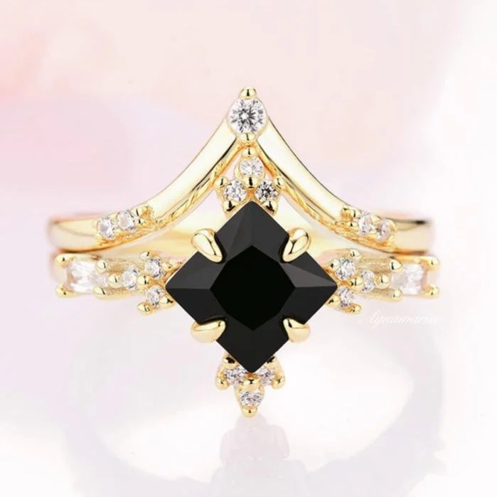 ladies engagement rings single stone-Princess Cut Black Onyx Engagement Ring Set- 14K/18K Solid Yellow Gold