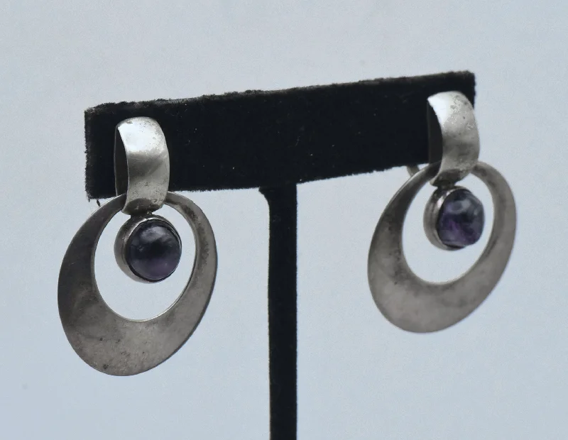 ladies earrings anniversary-Vintage Handmade Modernist Amethyst and Silver Screw Back Earrings