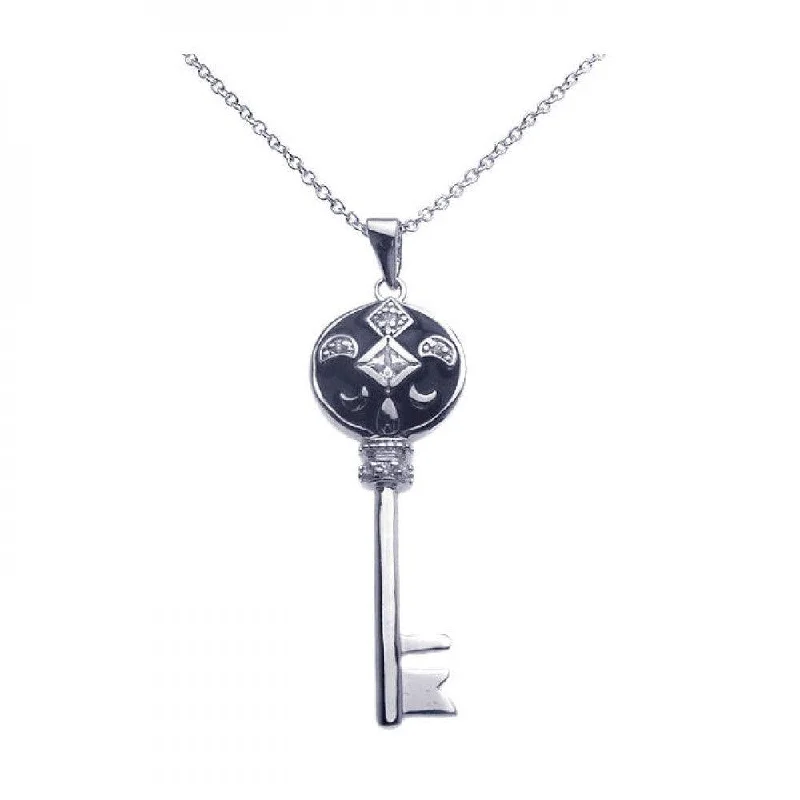 ladies necklaces bold design-Silver 925 Black Rhodium Key CZ Dangling Necklace - BGP00263