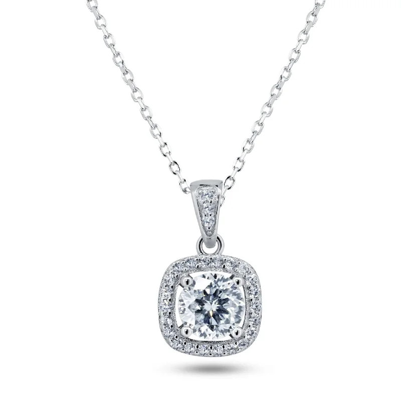 ladies necklaces futuristic-Silver Rhodium 925 Halo Pendant Moissanite Necklace - MBGP00002