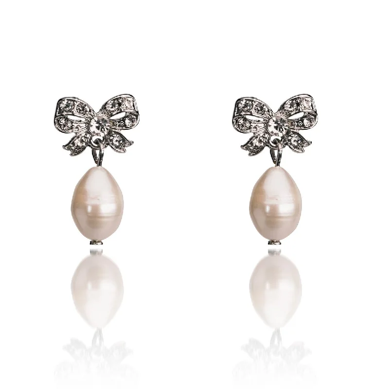 ladies earrings nickel free-Freshwater pearl bow earrings : Vintage bow earrings