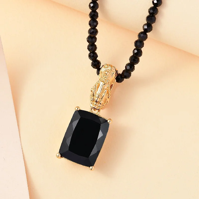 ladies necklaces materials-Pixiu Pendant Necklace with California Black Jade and Spinel Beads