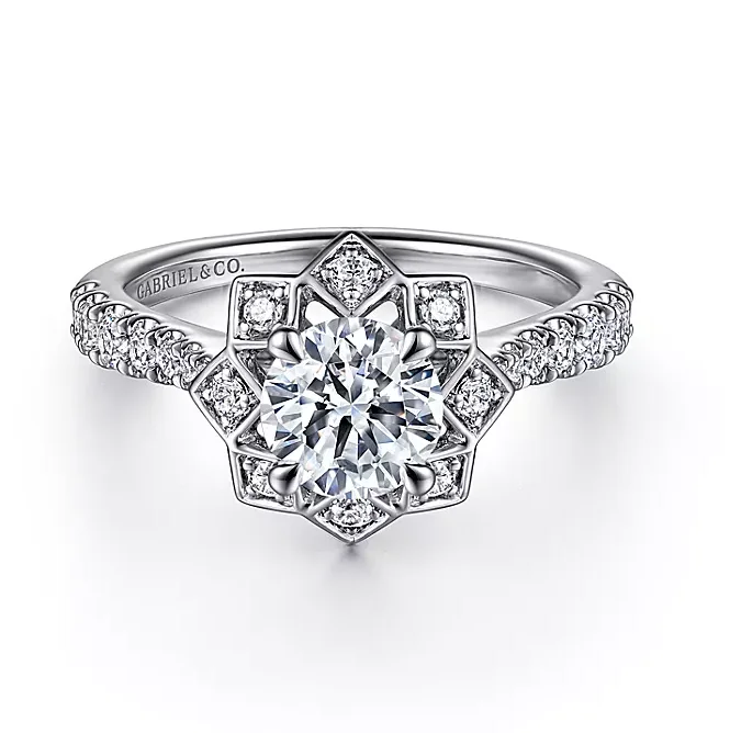 ladies engagement rings filigree-Tria - Art Deco Inspired 14K White Gold Floral Halo Round Diamond Engagement Ring