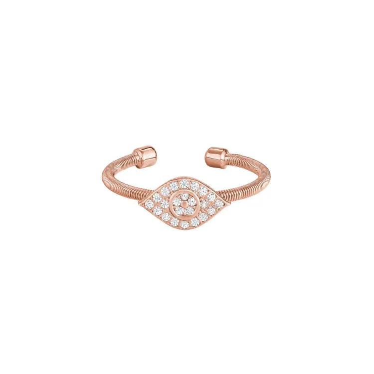 Ladies rings gold shine finish -Rose Gold Finish Sterling Silver Cable Cuff Evil Eye Ring with Simulated Diamonds