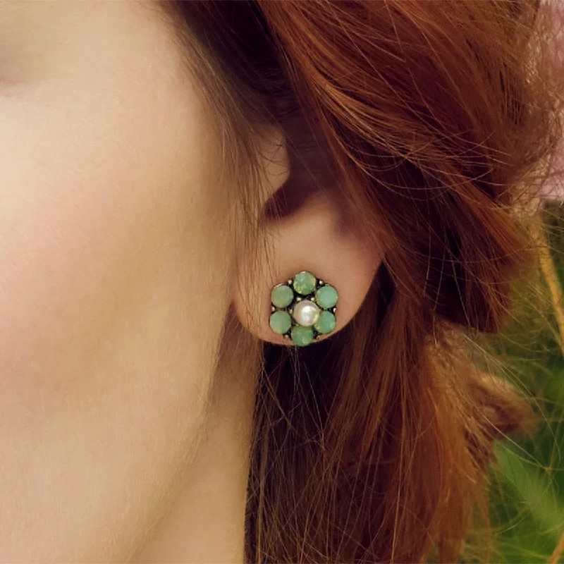 ladies earrings water resistant-Flower Stud Earrings: Tiny Vine Flower and Pearl Earrings