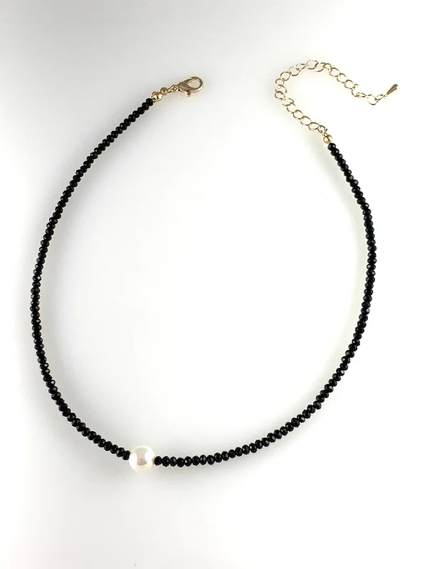 ladies necklaces pandora-Black Beaded Necklace with Pearl Pendant