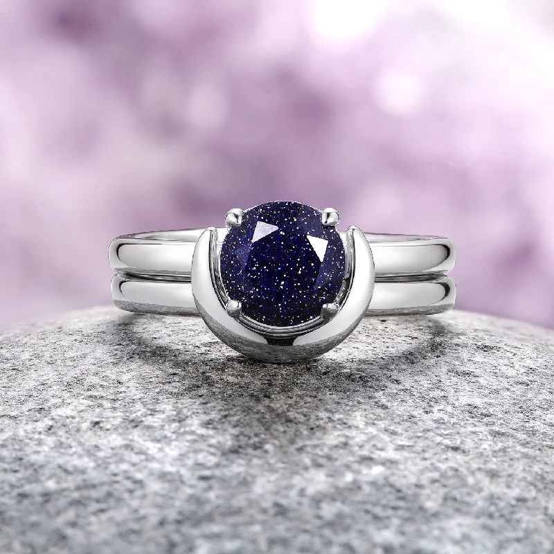 ladies engagement rings keepsake-Starry Night Crescent Moon Engagement Ring Set- Sterling Silver