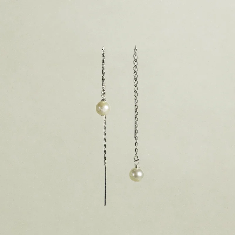 ladies earrings square-Thread-through Silver Pearl Earrings