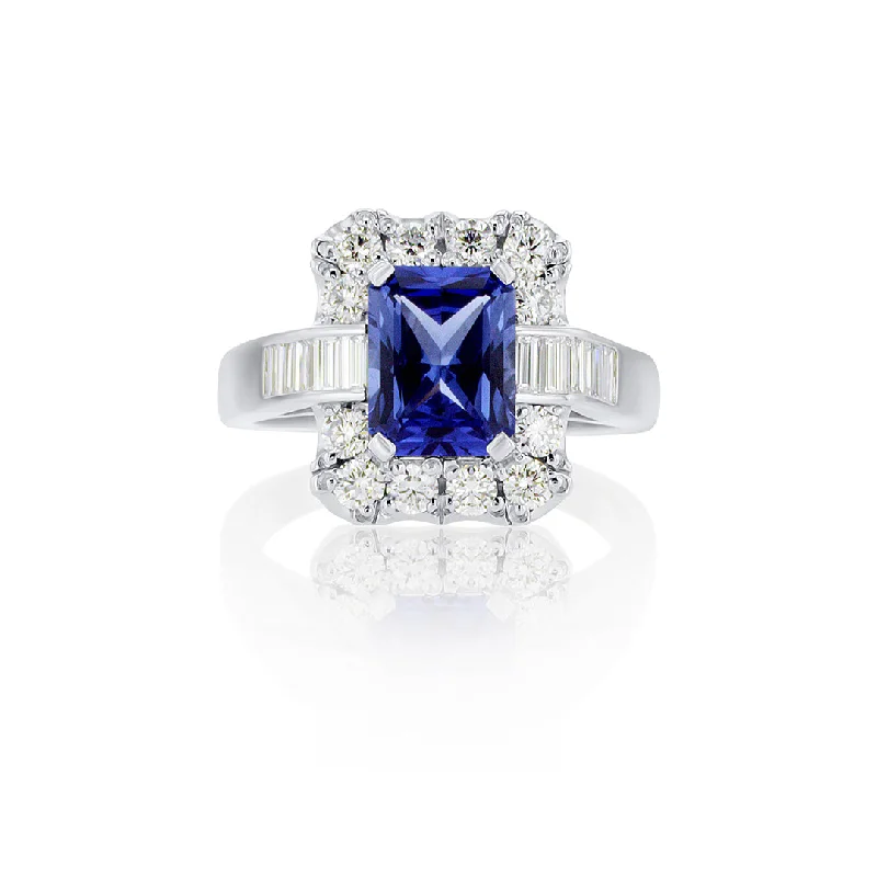 ladies engagement rings surprise-2.74 CT Emerald Cut Lab Grown Blue Sapphire and 2.00 Cttw Mixed Cut Diamond Halo Platinum Engagement Ring