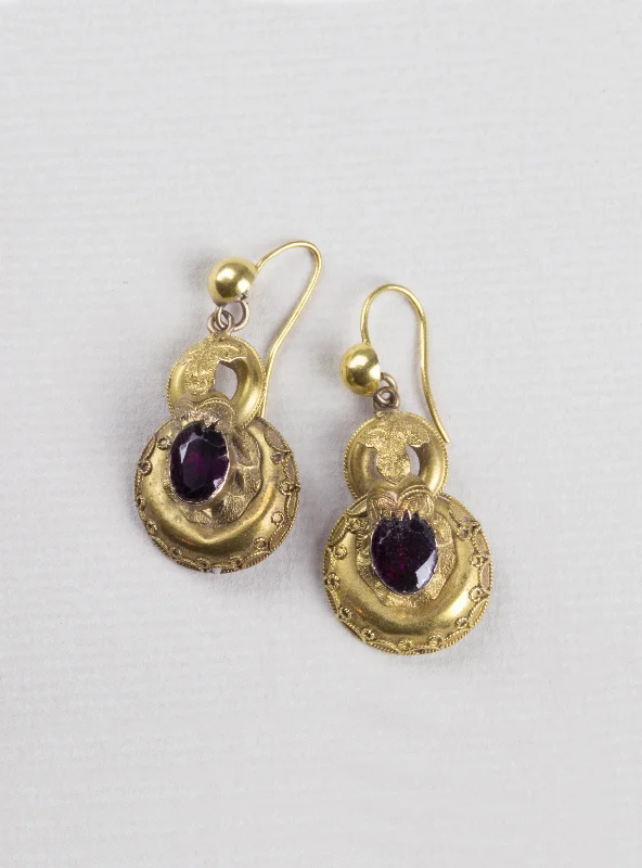 ladies earrings smooth-Vintage Gold Red Garnet Drop Earrings