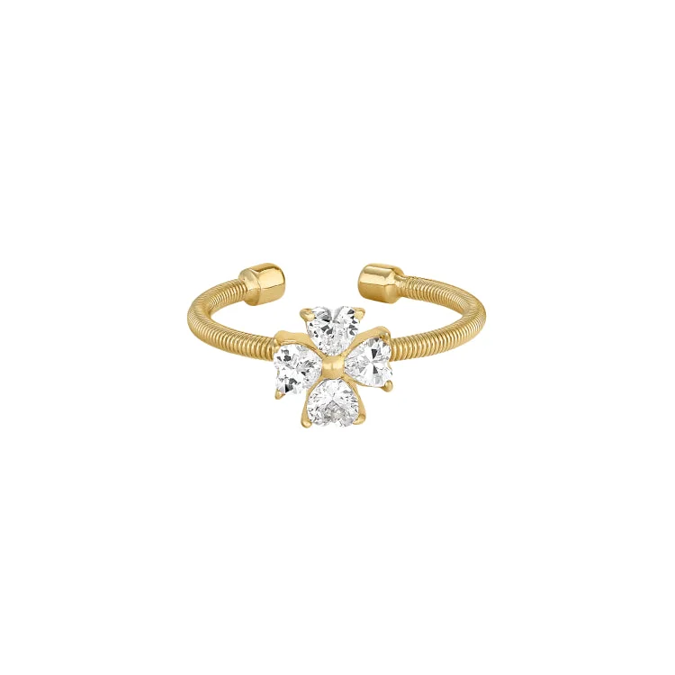 Ladies rings champagne charm -Gold Finish Sterling Silver Cable Cuff 4 Heart Shaped Stones Cross Ring with Simulated Diamonds