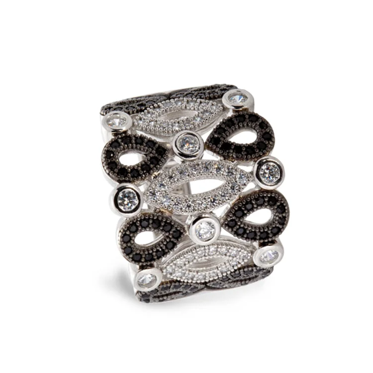 Ladies rings rococo shine -Platinum & Black Rhodium Finish Sterling Silver Micropave Art Deco Ring with 136 Simulated Diamonds