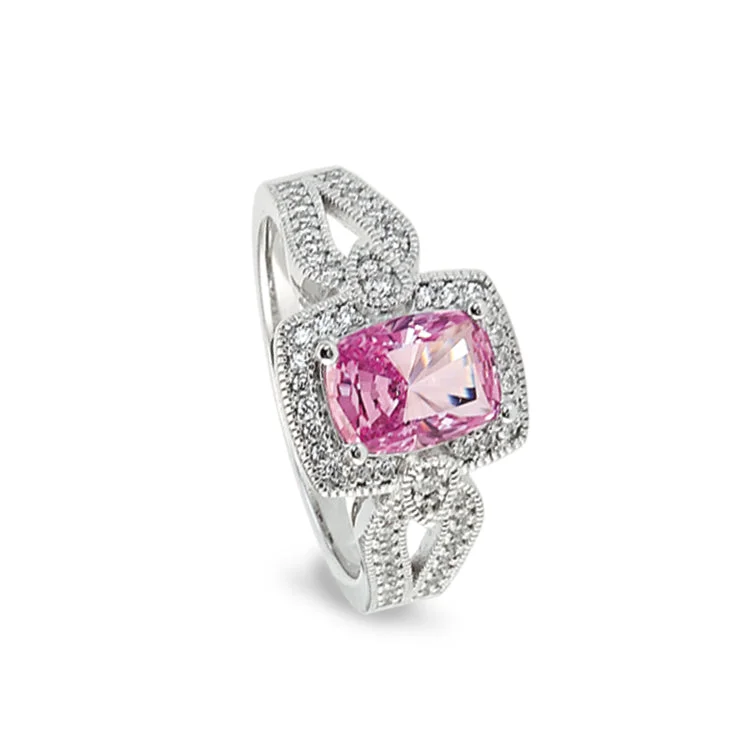 Ladies rings size perfect -Platinum Finish Sterling Silver Micropave Ring with Simulated Pink Ruby and Simulated Diamonds