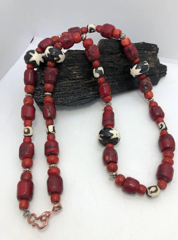 ladies necklaces summer-30 inch Red Coral and African Bone Beads Beaded Necklace