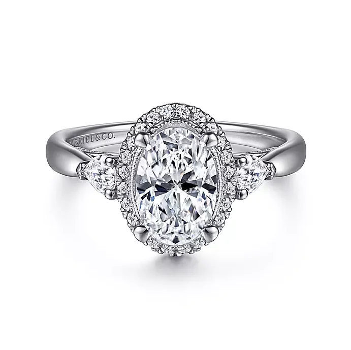 ladies engagement rings patterned-Leila - 14K White Gold Oval Halo Diamond Engagement Ring