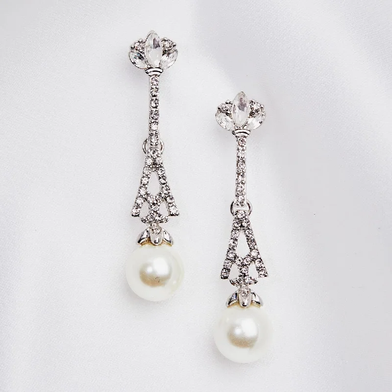 ladies earrings subtle elegance-Pearl Drop Bridal Earrings: Eiffel Tower Style Crystal And Pearl Earrings