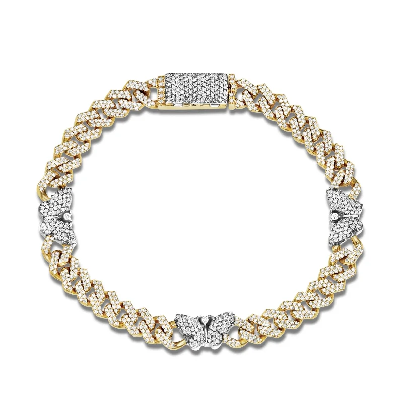 Ladies bracelets warrior shine -10K Gold Two Tone 1.76ct Diamond Cuban Bracelet with Butterfly Motif Links