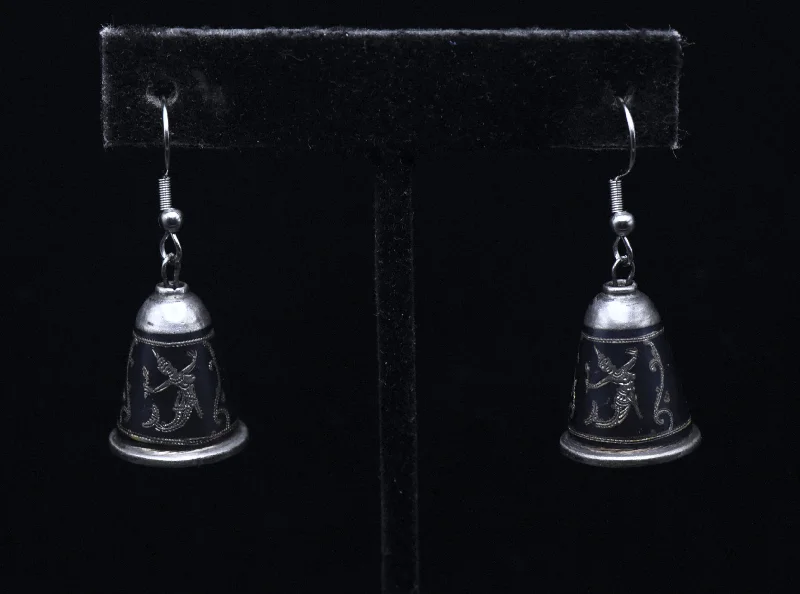 ladies earrings lab grown-Vintage Siamese Dancer Sterling Silver Niello Bell Dangle Earrings