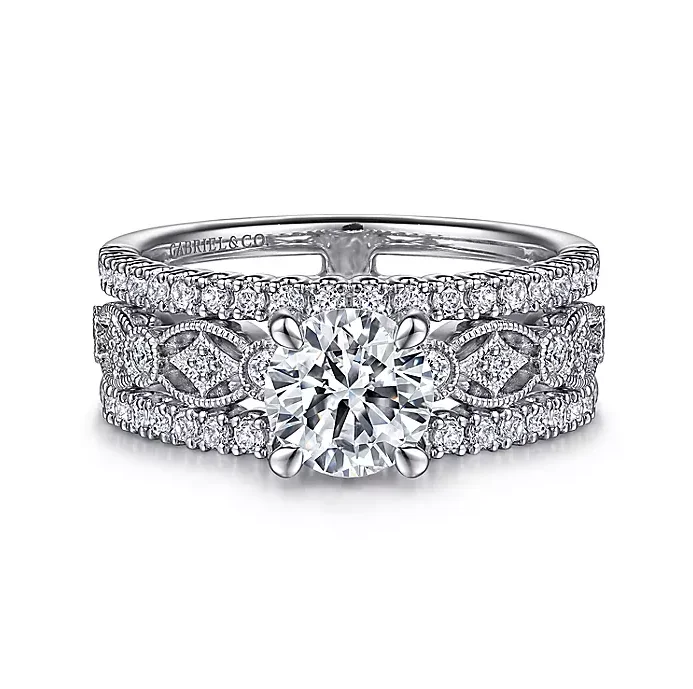 ladies engagement rings elegant-Gemma - 14K White Gold Wide Band Round Diamond Engagement Ring