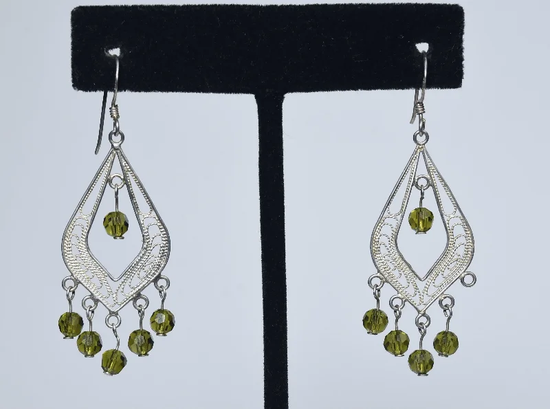 ladies earrings custom-Sterling Silver Filigree Green Glass Bead Dangle Earrings