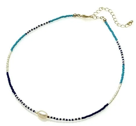 ladies necklaces contemporary-Beaded Necklace with Freshwater Pearl Pendant - Multi Navy