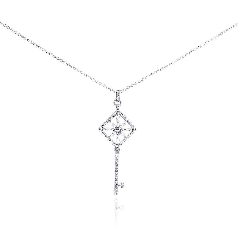 ladies necklaces thin-Silver 925 Rhodium Plated Square Open Key Filigree CZ Necklace - BGP00273