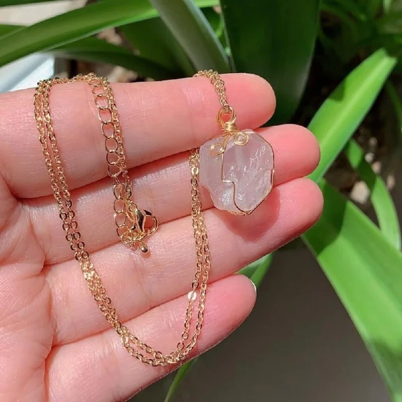 ladies necklaces special occasion-Raw Rose Quartz Golden Wire Necklace