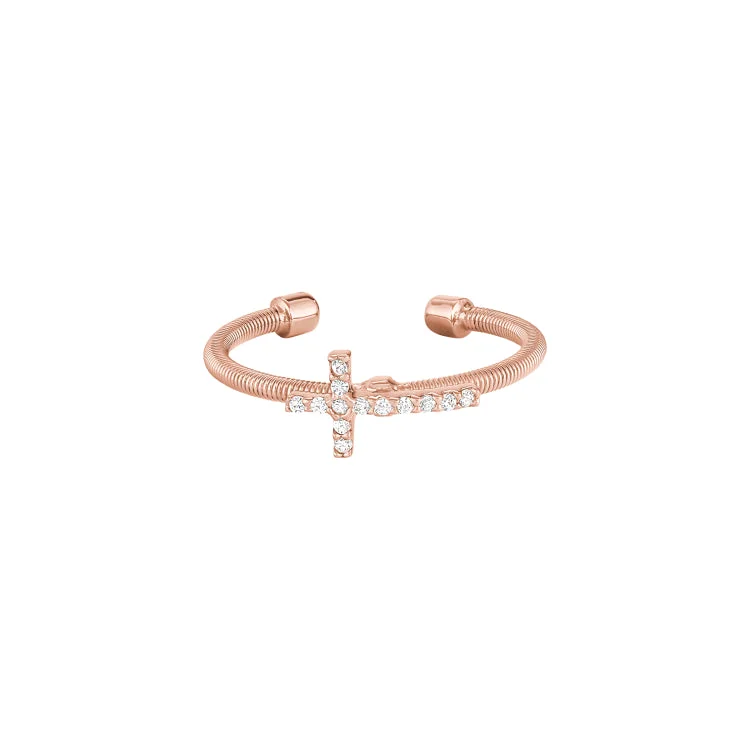 Ladies rings tourmaline shine -Rose Gold Finish Sterling Silver Cable Cuff Cross Ring with Simulated Diamonds