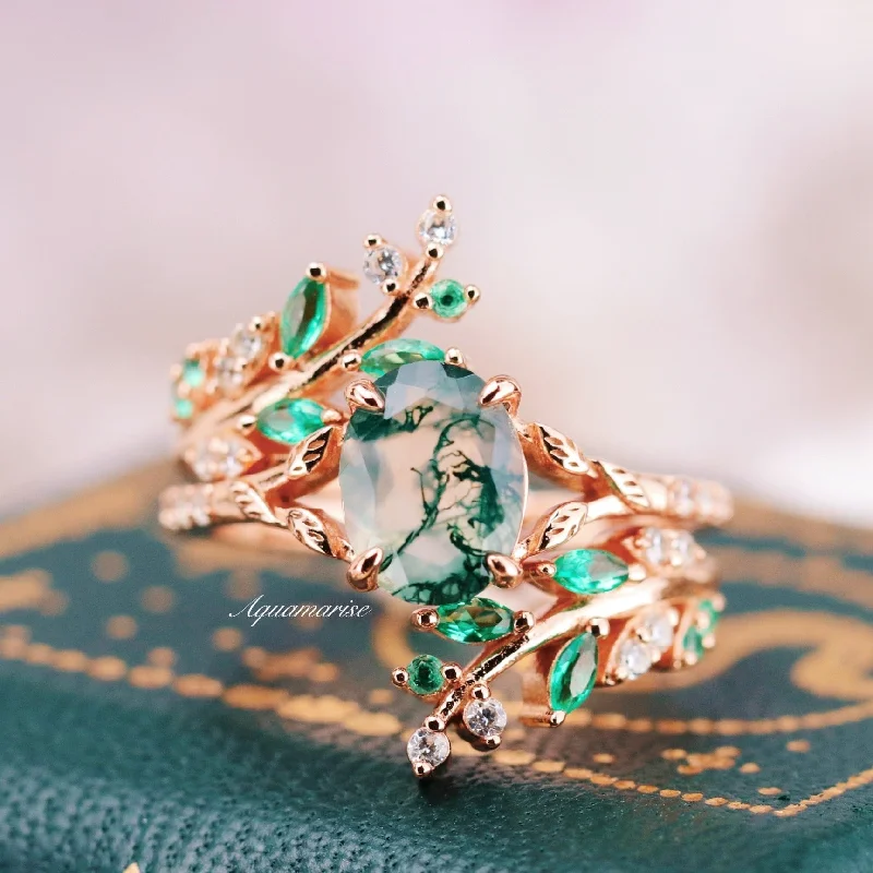 ladies engagement rings casual-Green Moss Agate & Emerald Leaf Engagement Ring Set- 14K/ 18K Solid Rose Gold