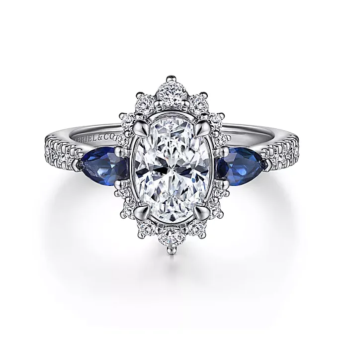 ladies engagement rings smooth-June - 14K White Gold Fancy Three Stone Halo Sapphire and Diamond Engagement Ring