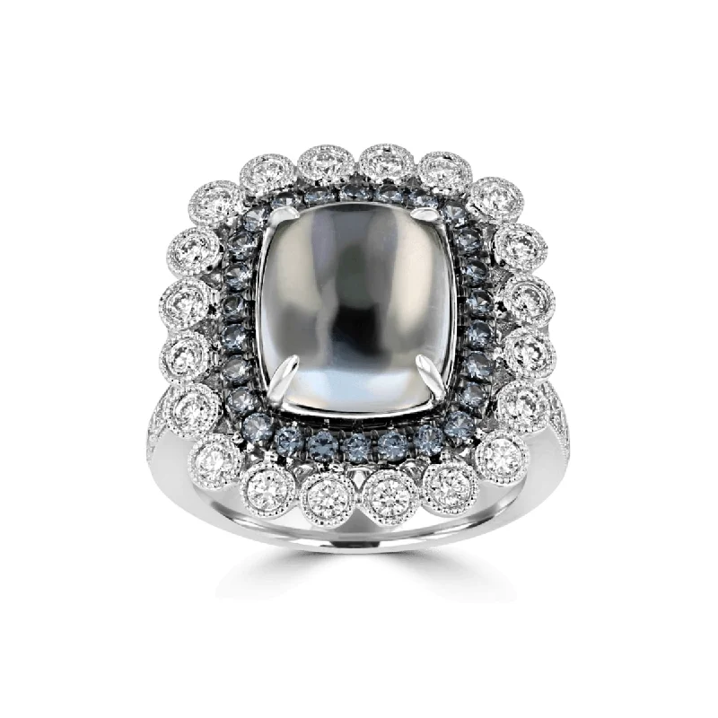 Ladies rings welsh shine -JULEVE 18KT WHITE GOLD MOONSTONE, GARNET, AND DIAMOND HALO RING