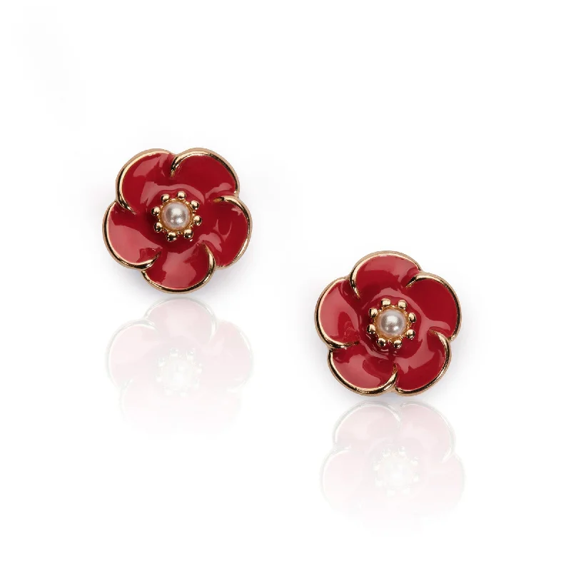 ladies earrings resale-Red Rose Earrings: 1950s Style Red Rose & Pearl Studs