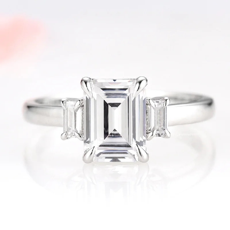 ladies engagement rings personalized-Emerald Cut Moissanite Engagement Ring- 14K White Gold