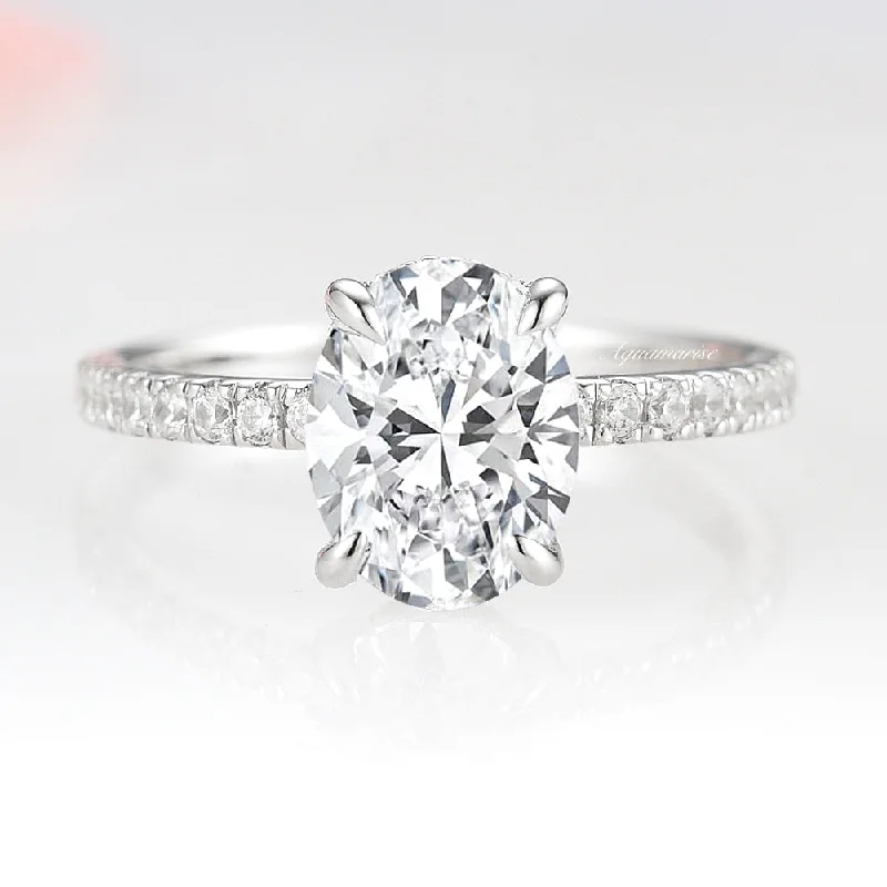 ladies engagement rings promise-Elle Hidden Halo Moissanite or Diamond Engagement Ring- 14K White Gold