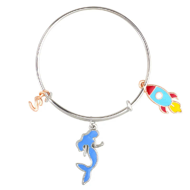 Ladies bracelets silver radiance -Mahi S Letter Mermaid & Rocket Shaped Enamel Work Charms Kids Bracelets for Kids (BRK1100942M)