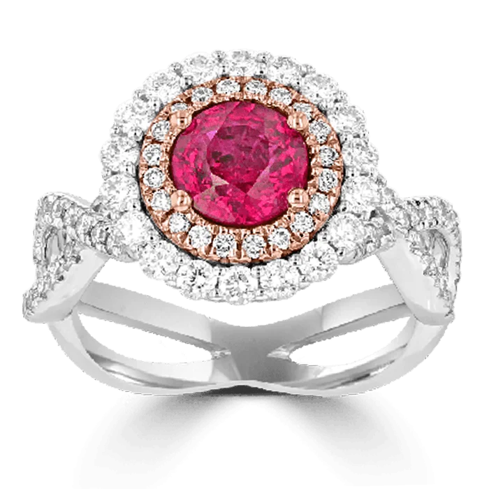 Ladies rings persian glow -JULEVE 18KT 1.25 CT RUBY & 0.91 CTW DIAMOND DOUBLE HALO RING