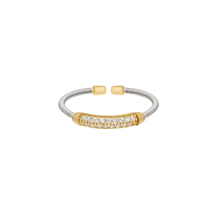 Ladies rings astro charm -Rhodium Finish Sterling Silver Single Cable Cuff Ring with Gold Finish Double Row Simulated Diamonds