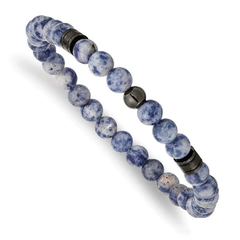 Ladies bracelets burst charm -Stainless Steel Polished Gun Metal IP and Lapis Beaded Stretch Bracelet