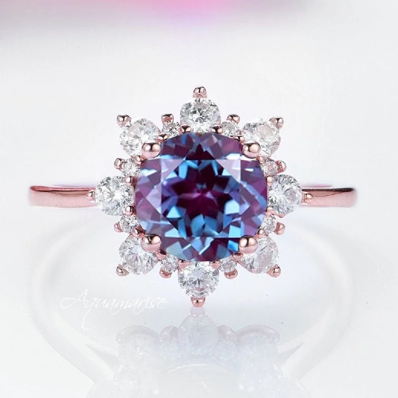 ladies engagement rings thick-Snowflake Teal & Purple Alexandrite Engagement Ring- 14K Solid Rose Gold