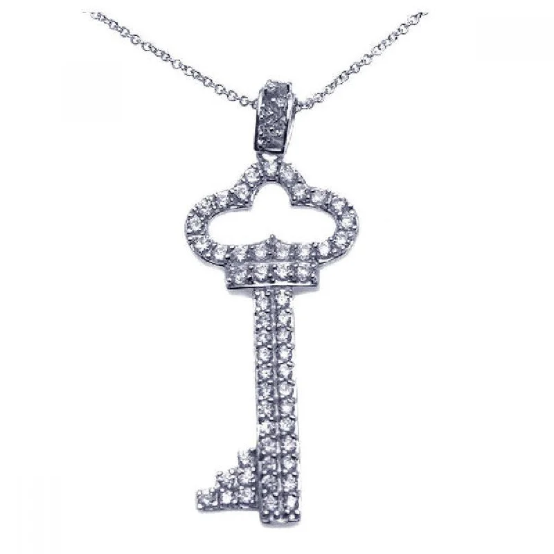 ladies necklaces engraved-Silver 925 Rhodium Plated Clear CZ Key Pendant Necklace - STP00932