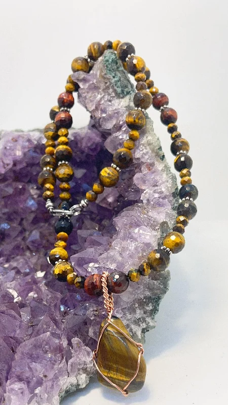 ladies necklaces special occasion-24 inch Tigers Eye Beaded necklace with Tigers Eye Wirewrapped Pendant