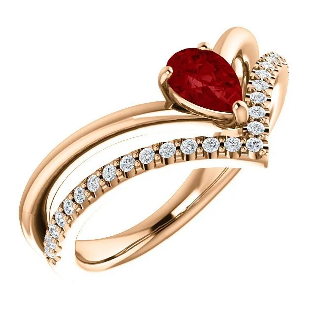 Ladies rings rare glow -14KT GOLD 1/2 CT PEAR RUBY & 1/6 CTW DIAMOND NEGATIVE SPACE "V" RING