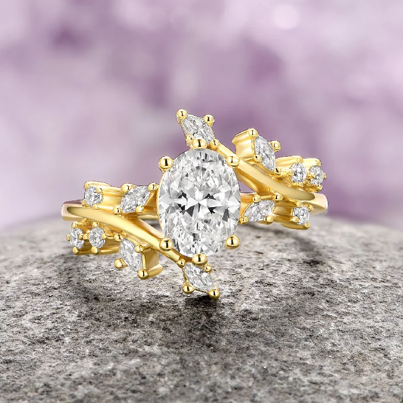 ladies engagement rings summer-Moissanite/Diamond Leaf Engagement Ring- 14K Solid Yellow Gold